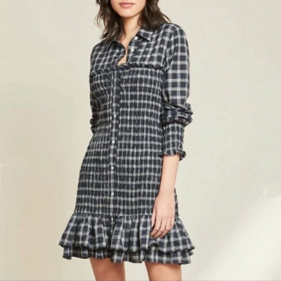 Veronica Beard Dresses & Skirts - New Veronica Beard Kelsey Smocked Plaid Mini Shirtdress Navy White sz 6 $448